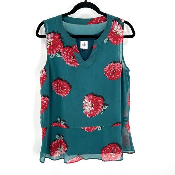 CABI Green Pink Blushing Floral Print Office Sleeveless Blouse Top Size Medium - Picture 2 of 5